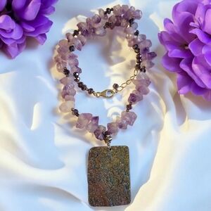 Artistic Amethyst Purple Clear Crystal Necklace Druzy Pyrite Agate Pendant